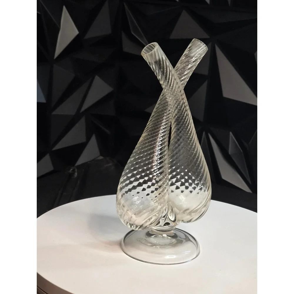 Vintage Clear Glass Double Bud Vase Twisted Ribbed Opti Swirl Pedestal Base 8.5